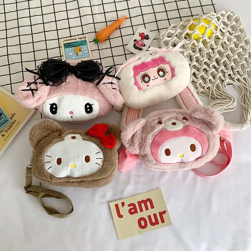 

Kawaii Hello Kittys Cartoon Cute Plush Shoulder Bag Anime My Melody Jk Fluffy Furry Casual Crossbody Handbags Kids Birthday Gift