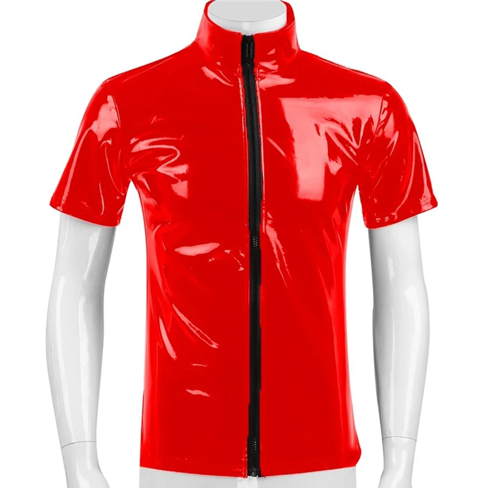 

Black Red Shiny PVC Leather T Shirt Men Metallic Hipster Faux Leather Shirt Sexy Stand Collar Short Sleeve Front Zip Up Tee Tops