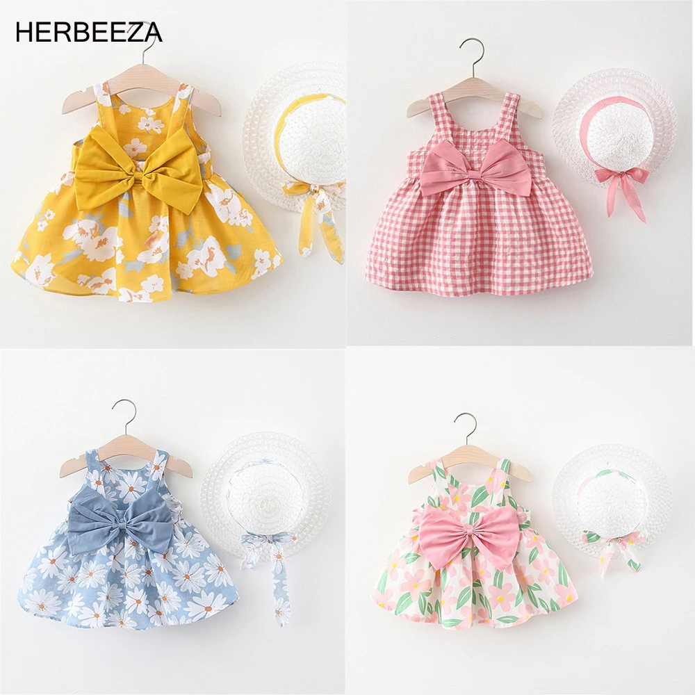 

Summer Baby Girl Clothes For daisy Floral slip Dress Beach Princess Dress Birthday Dress For bow-knot Infant Costume + Hat