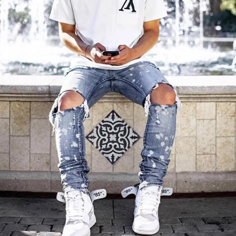 

Новые популярные рваные джинсы, мужские джинсовые брюки с рисунком в стиле хип-хоп, облегающие повседневные мужские брюки для бега