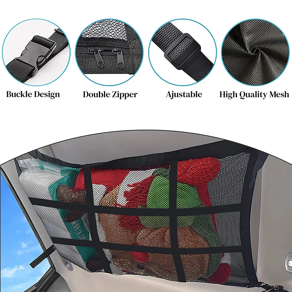 

90x65cm Car Ceiling Roof Interior Cargo Zipper Net Universal Storage Bag Sundries Organizer Adjustable Mesh Pocket For Van SUV