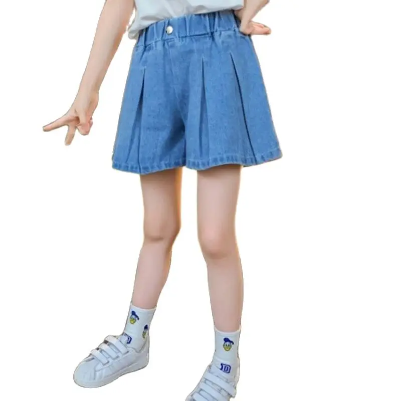 

2022 Fashion New Girl Denim Culottes Kids Casual Loose Short Jeans Pants Teen Trend Pleated Children Loose Skirt Trousers 3-12 Y