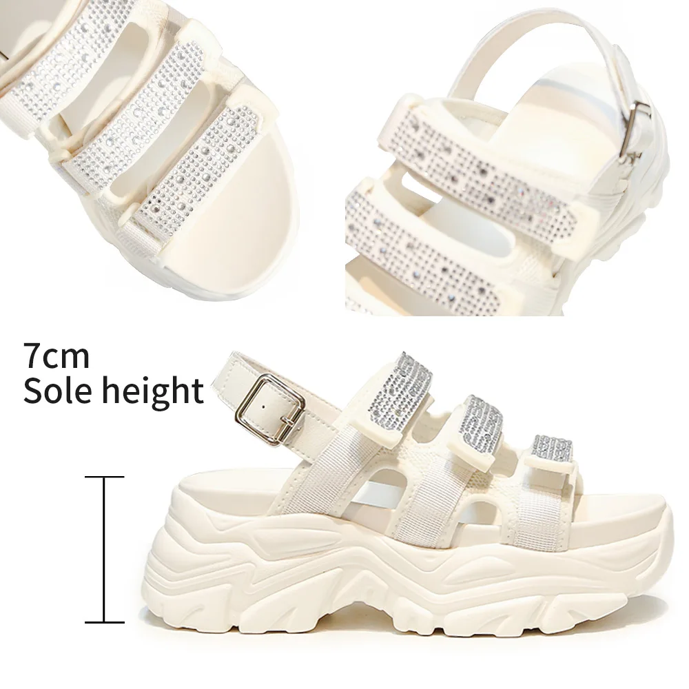 SOMILISS Women Summer Platform Sandals Hook And Loop Fastener Webbing Bright Drill Ladies Fashion Flat Casual Shoes for Women