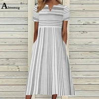 aimsnug 2022 summer mid calf dress women elegant stripe print bohemian dresses patchwork female loose dress clothing size s 3xl