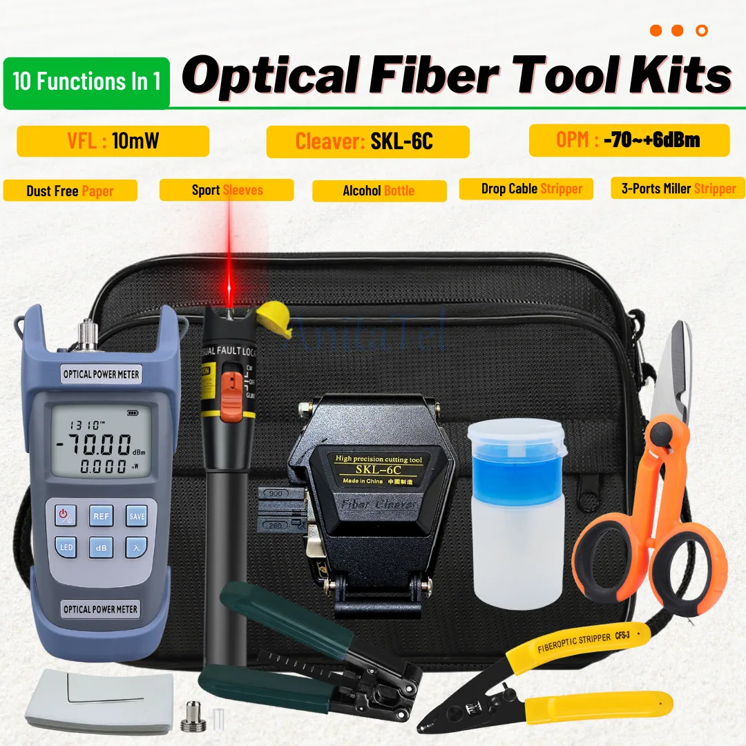 Hot Fiber Optic FTTH Tool Kit with SKL-6C Fiber Cleaver Optical Power Meter 10MW Visual Fault Locator Wire stripper suit sale