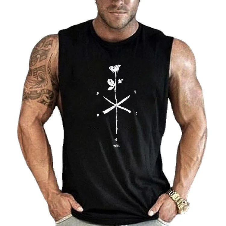 

New Men Clothing Loose Solid Color Gym T Shirt Cotton Four Seasons Gym Clothing Letter Printed Tank Top Bodybuilding Tank Top