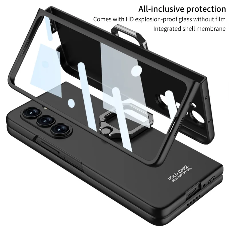 Фото Металлическое кольцо 2 в 1 Чехлы для Samsung Galaxy Z Fold 5, Ультратонкий чехол из поликарбоната, с закаленной пленкой для переднего экрана, LBE №2