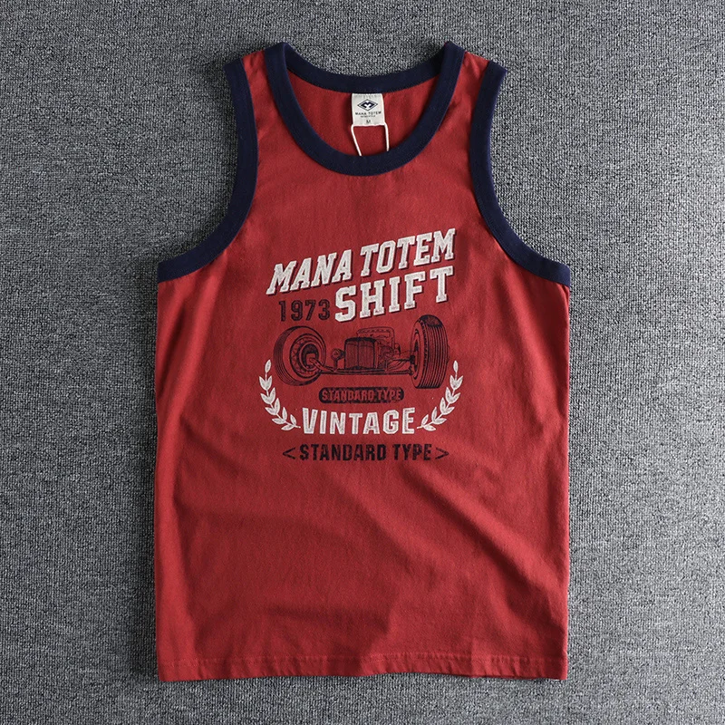 

New Retro Motorcycle Pattern Printed Sports Vest Men's Washed Cotton Comfortable Loose All-match Youth Sleeveless T-shirt Vest