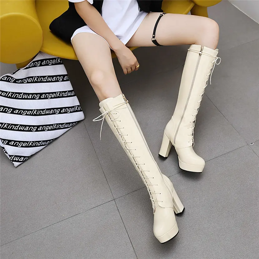 Big Size Women Knee-high Platform Boots 10cm High Chunky Heel Black Red Sexy Party Club Lady Round Toe Lace-up Zipper Long Boots
