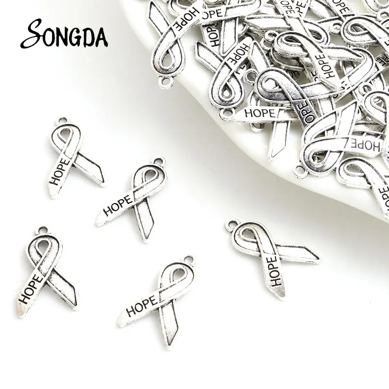 

20pcs Antique Silver Plated Ribbon Breast Cancer Awareness Charms Hope Metal Alloy Pendants DIY Bracelet Necklace Making Crafts