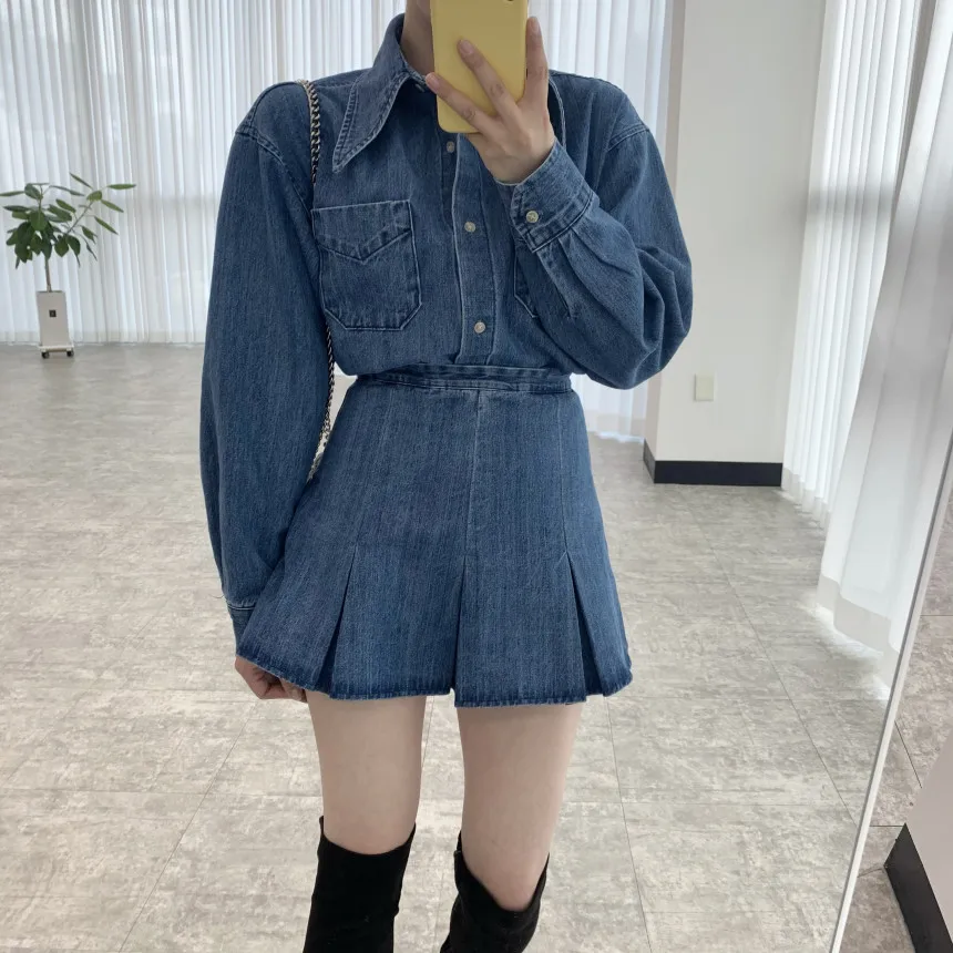 

Europe Stylish Punk Women New Designer Street Jeans 2 Piece Set Women Denim Shirts Top + Short Pleated Skirt Jean Clothing Suits