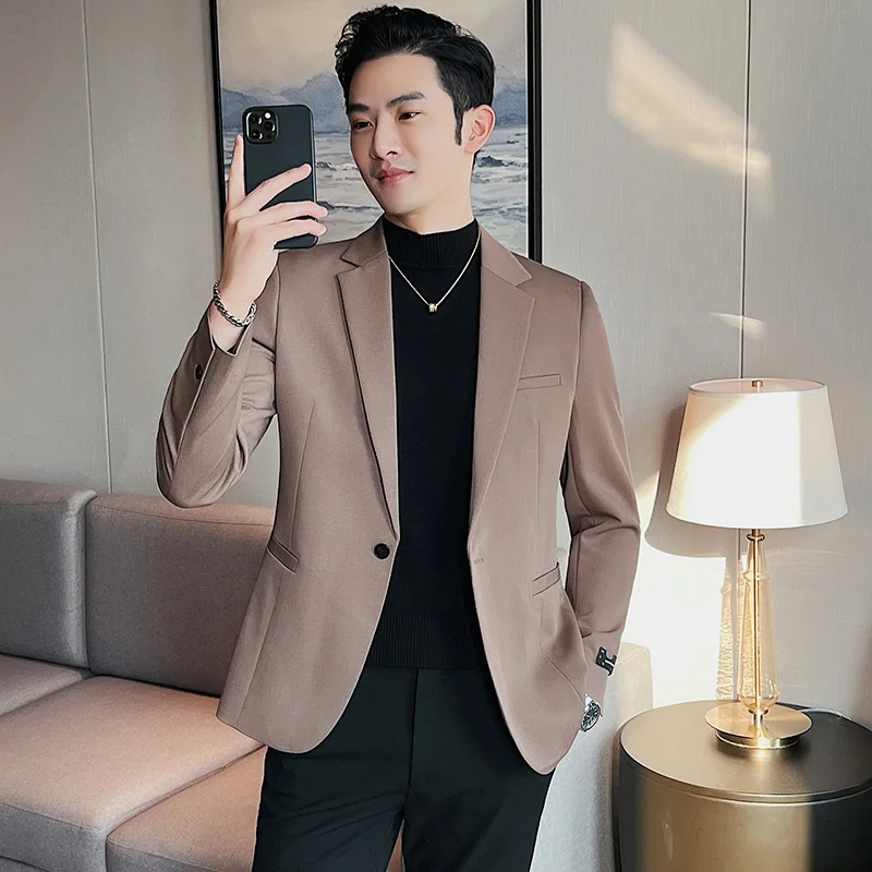 

Новинка, эксклюзивный Модный деловой стиль, высококлассный саржевый тонкий официальный костюм, красивый однотонный костюм, мужская повседневная куртка