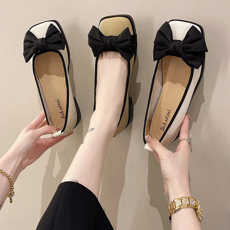 

Shoes Woman Flats Casual Female Sneakers Square Toe Loafers With Fur Bow-Knot Dress Slip-on Summer Retro New Butterfly Shoes Wo