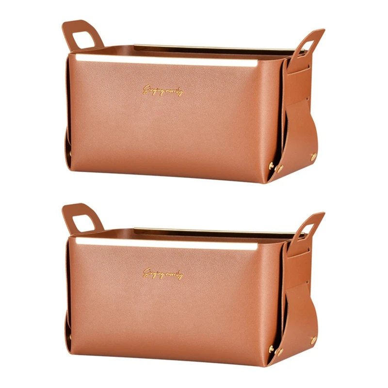 

2 шт., кожаные маленькие быстрорежущие корзины для хранения с ручками, подарочные корзины, складной органайзер (коричневый)
