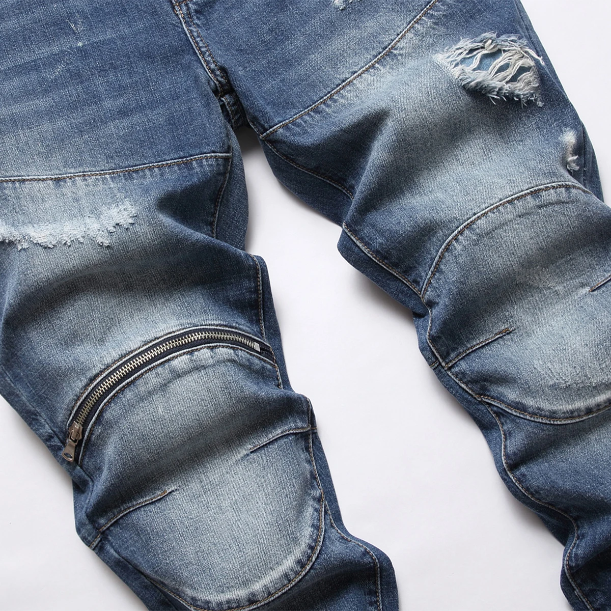 Autumn Winter Thick Men's Pants Fashion Stretch Cotton Slim Pants Knee Zipper Embellishments Worn Out Cat Beard Quality Jeans