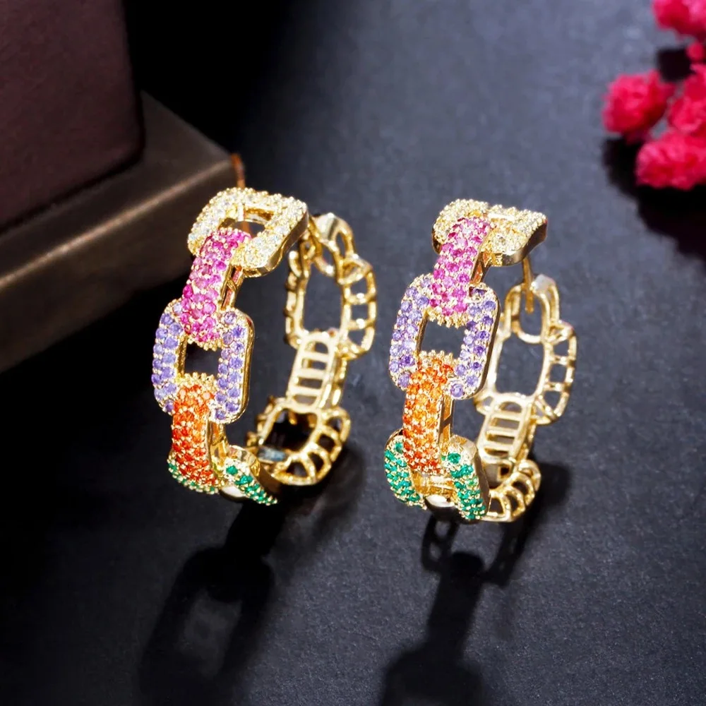 

New Trendy Colorful Micro Pave Zircon Stones Gold Plated Geometric Cuban Chain Link Hoop Earrings for Women Jewelry