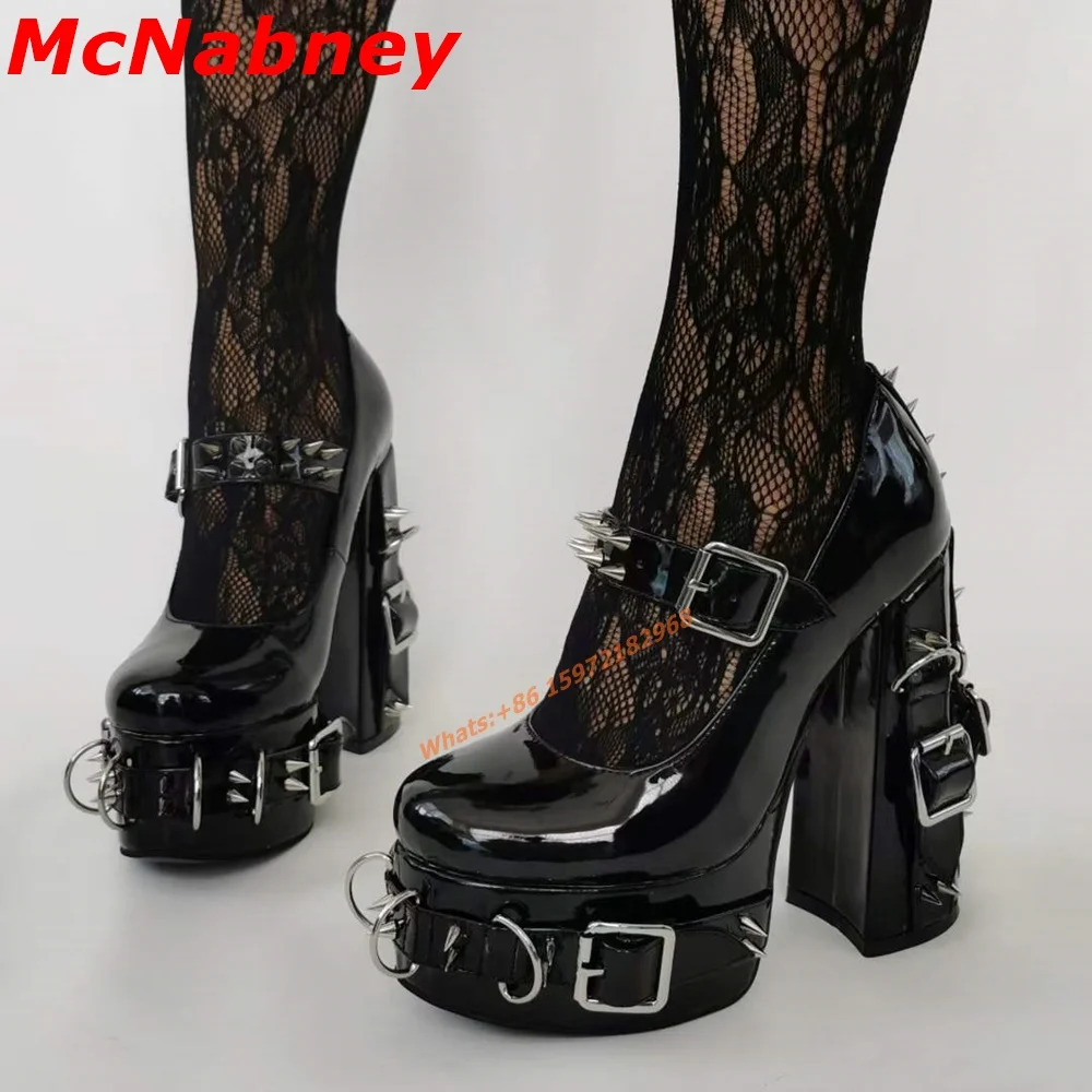 Купи 2022 New Patent Metal Buckles Pumps Sandals Platform Round Toe Solid Chunky High Heel Strap Shallow Shoes Women Party Dress Sexy за 4,580 рублей в магазине AliExpress