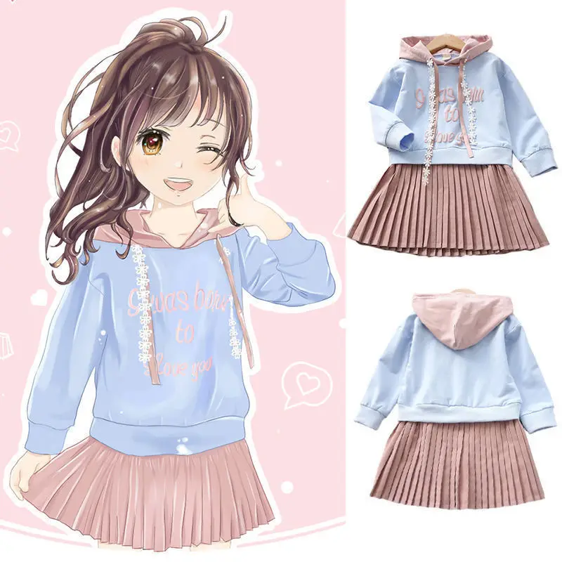

Baby Girl Autumn Clothes Sweater Dresses for Kids Hooded Sweatshirt Dress Fake Two Piece Dress