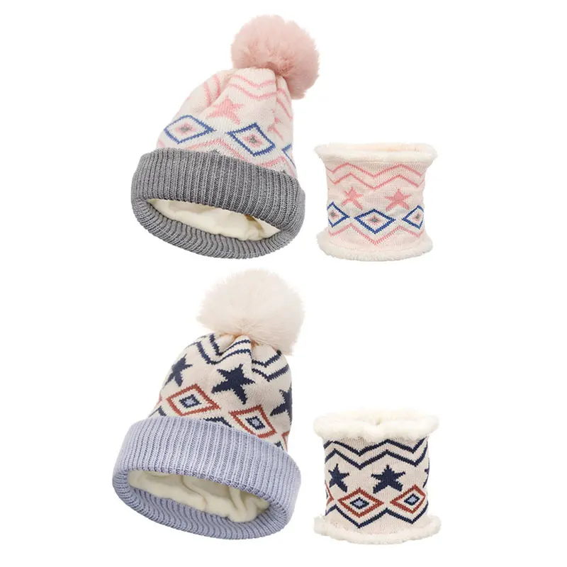 

Warm Winter New Children's Hat Set Embroidered Geometric Knitted Hat Baby Plus Velvet Bib Two-Piece Boys And Girls Woollen Hats