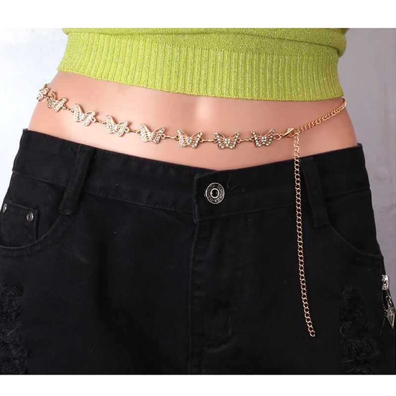 

Punk Hip-hop Pants Chains Luxury Shiny Diamond Butterfly Metal Waist Chain Women Summer Pop Thin Belt Adjustable Body Jewelry