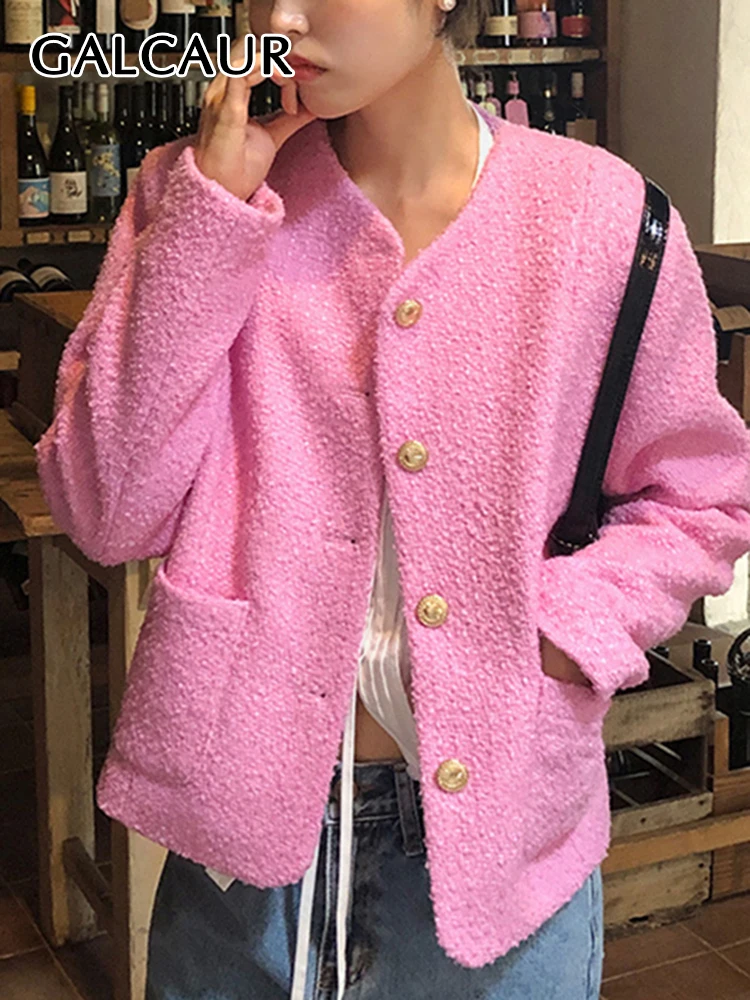 

GALCAUR Korean Autumn Chic Coats For Women Round Neck Long Sleeve Single Breasted Patchwork Pockets Solid Loose Coat Female New