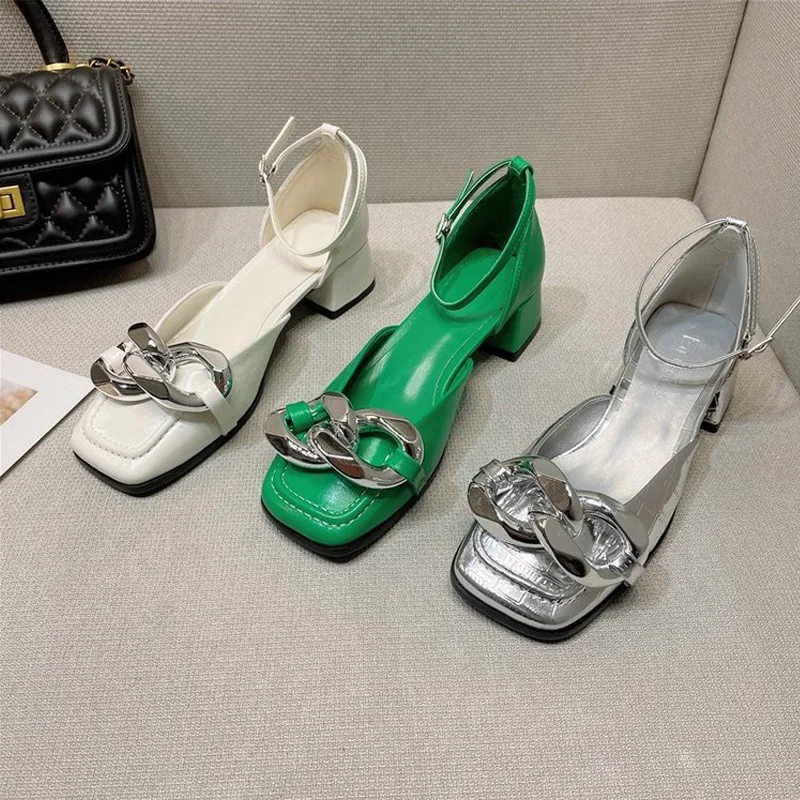 

Women's Shoes 2022 Summer New Square Head Lady Sandals Leisure Chain Thick Heel Pumps Female Fashionable Casual High Heels