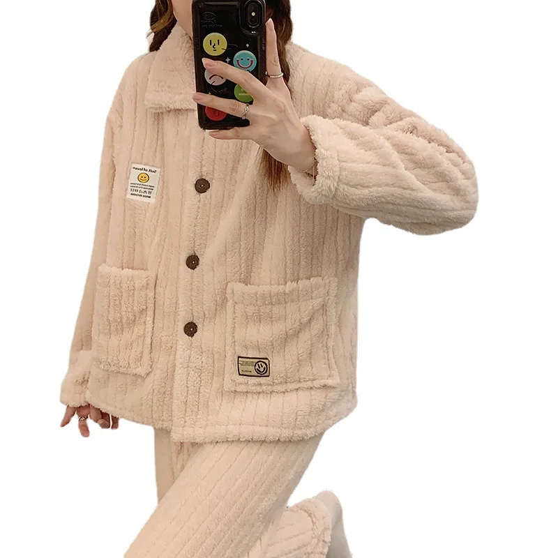 Autumn Winter Warm Flannel Pajamas for Women Students Cute Plus Velvet Thicken Loose Sleepwear Set  Coral Velvet Home Clothes