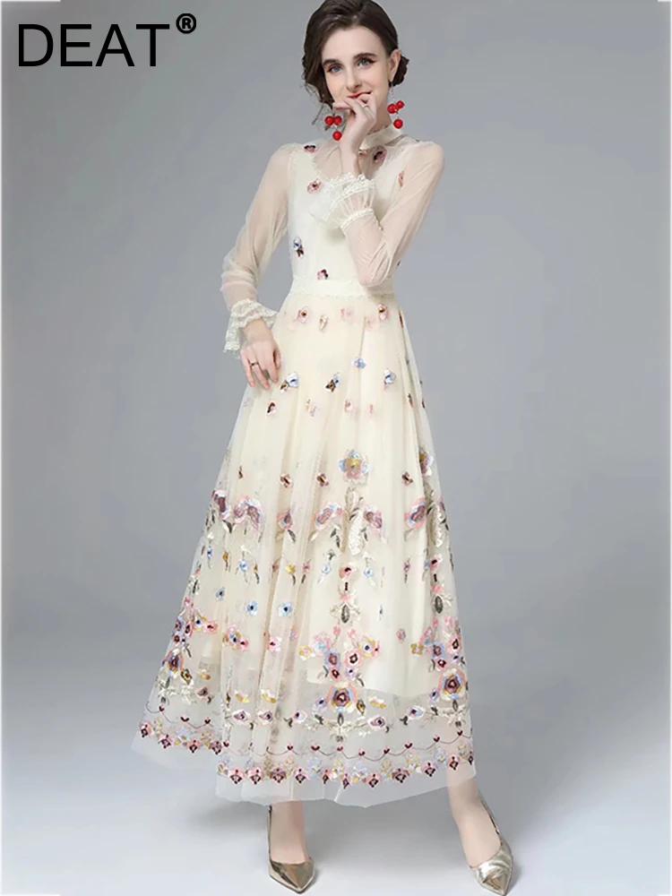 

DEAT Women's Fashion Dress O-neck Long Sleeve Print High Waist Embroidery Gauze Lady Elegant Dresses Autumn 2023 New 13DB3249