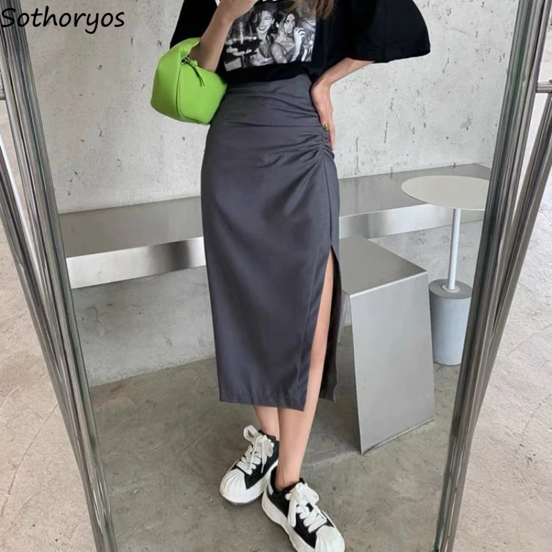 

Skirts Women Folds Design Personality Side-slit Minimalist Pure Korean Style All-match Elegant Empire Summer Midi Faldas Stylish