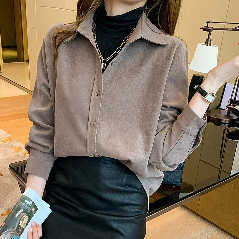 

Cotton Blouse Turn Down Collar Loose Clothes Women Fashion Simple Shirt New Office Lady Long Sleeve Botton Tops Blusas 30125