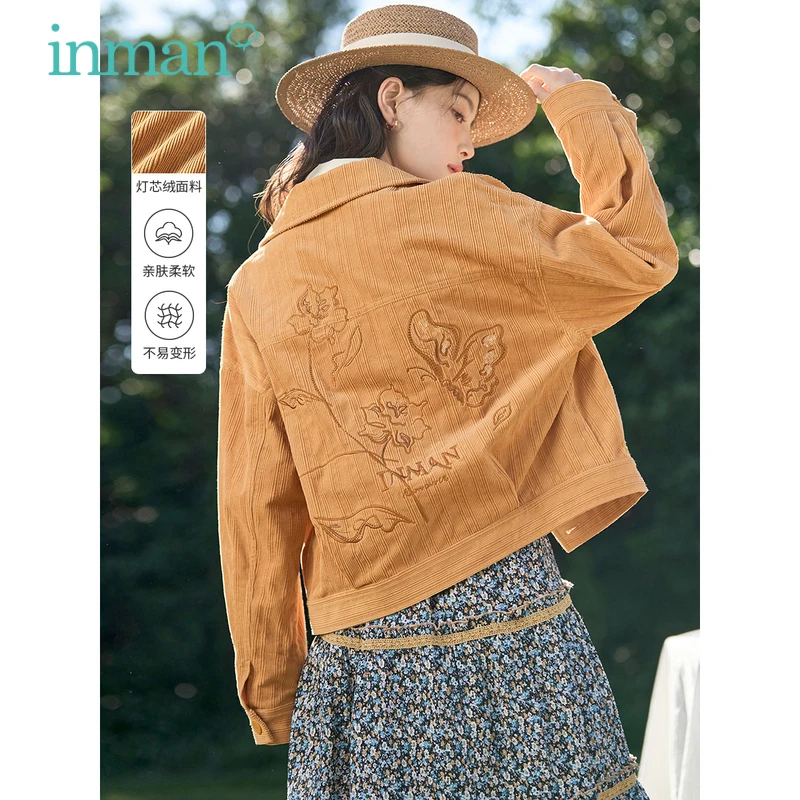 INMAN Women Corduroy Coat 2023 Spring Long Sleeve Polo Neck Loose Flower Embroidery Yellow Casual Chic Outwear Tops