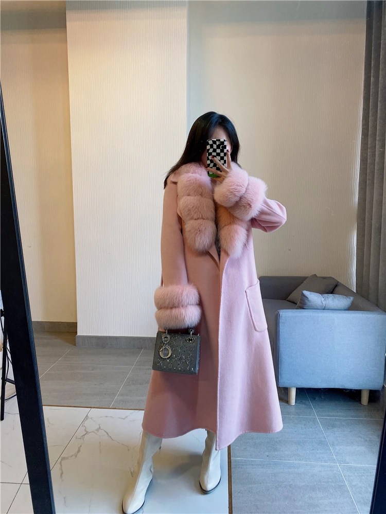 Women Winter Real Fur Coat X-long Woolen Jacket Cashmere Wool Blends Luxury Overcoat Belt Natural Fox Fur Collar Cuff Streetwear