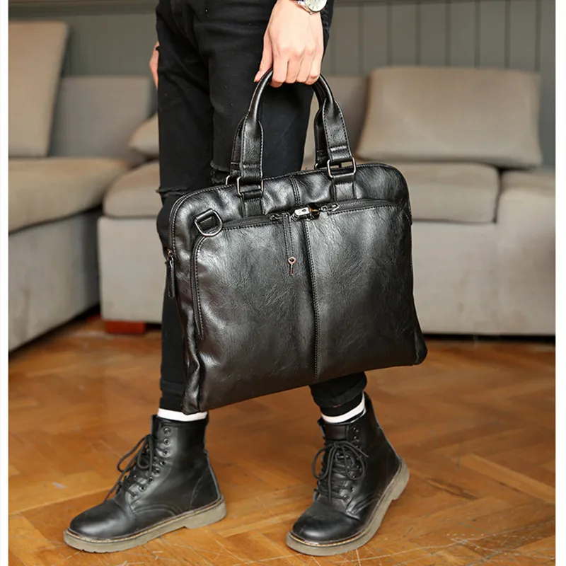 Business Men Leather Briefcase Lock Fashion Handbag Large Capacity File Bag Casual Shoulder Bag Male Crossbody Bag