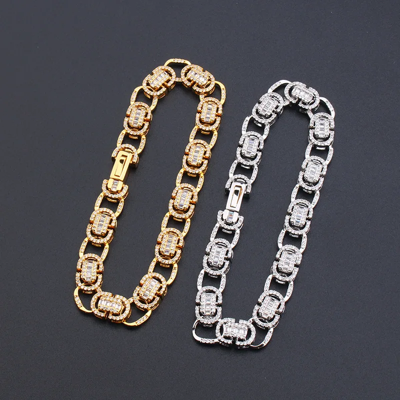 

Europe America Luxurious Style Men Women Lady Plated Gold Color Inlay Full Square Cubic Zircon Chain Bracelet 2 Color