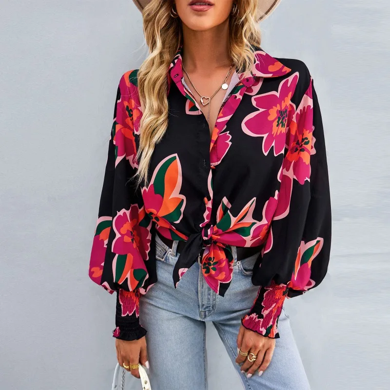 

European and American Contrast Color Printed Lantern Sleeve Shirt Autumn and Winter Long-sleeved All-match Casual Top
