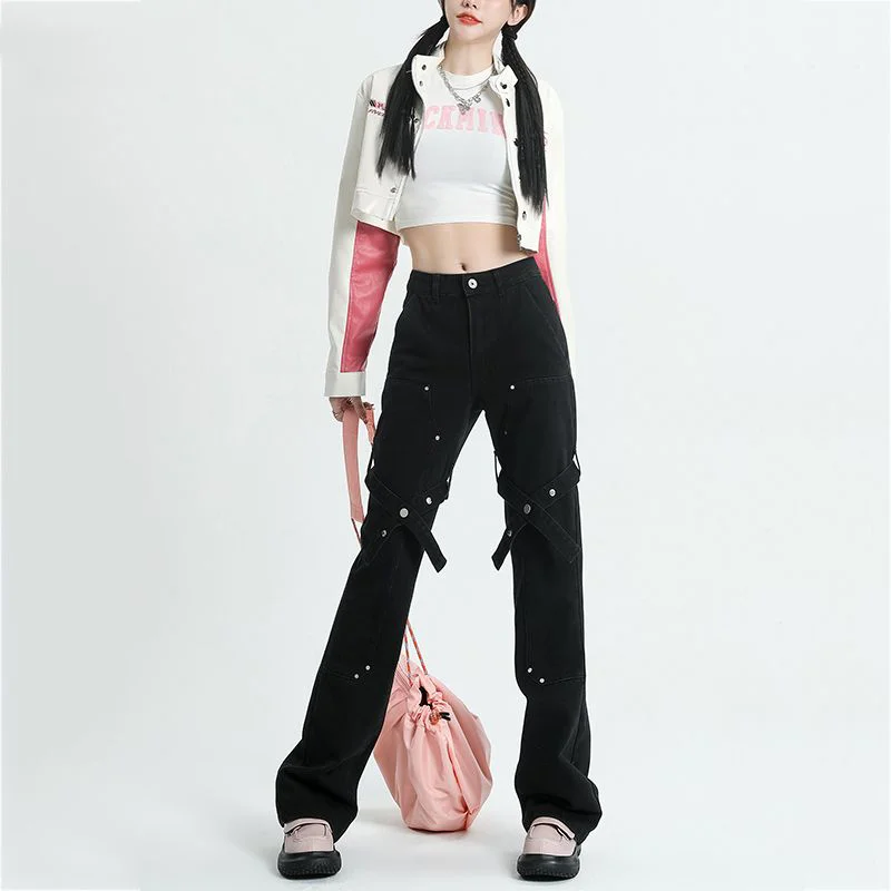 American High Street Jeans Women 2023 Spring And Autumn Cross Design Sense Micro Horn Straight Tube