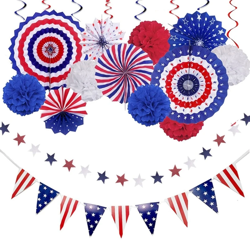 

American Independence Day Paper Fan Set Veterans Day Party Decor Ornament for Home Bar Restaurant Shopping Window Decor
