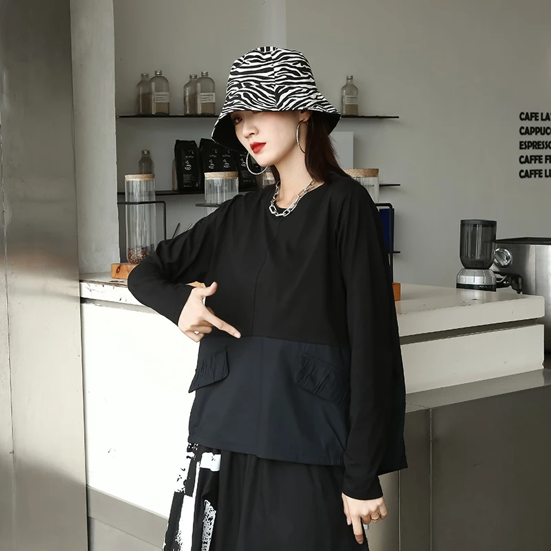 

210813 Women Irregular Black Oblique Buckle Big Size T-shirt New Round Neck Full Sleeve Fashion Tide 2022 Autumn New Arrival