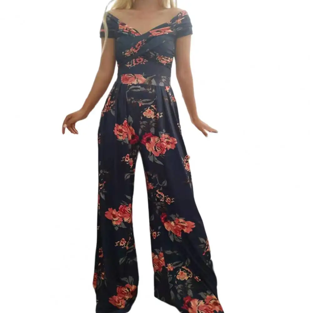 

Elegant Jumpsuit Women Colorful Short Sleeve Leaf Pattern Print Tight Waist Deep V Neck Off Shoulder Summer Jumpsuit Romper