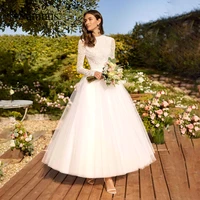 white a line bride ball gown long sleeve o neck lace wedding dresses ankle length civil bride dress vestido de novia elegant