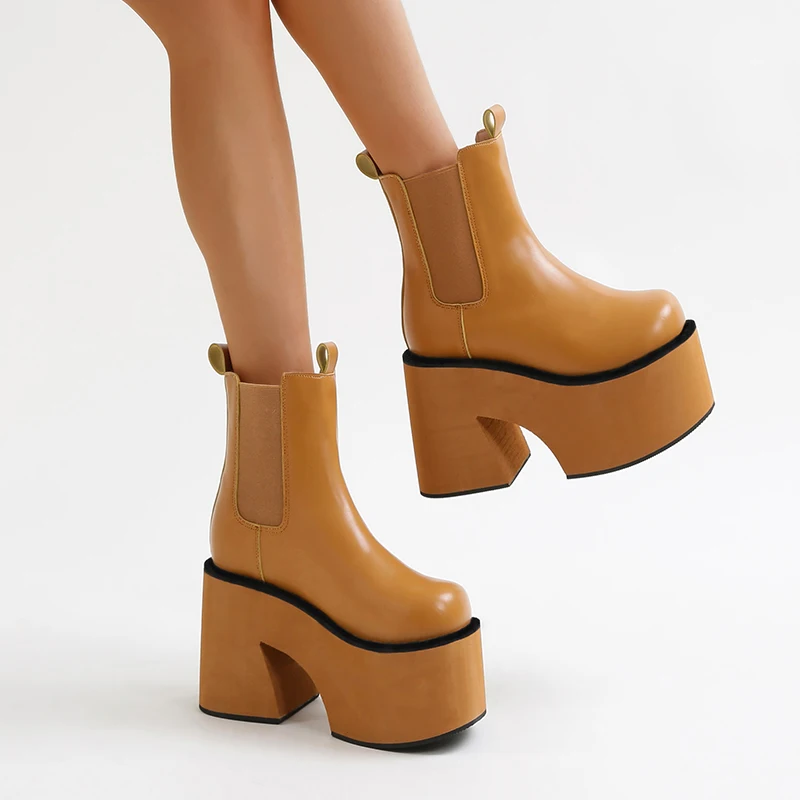 

Новые зимние короткие ботинки на платформе абрикосового цвета кожаные модные водонепроницаемые ботильоны без шнуровки на высоком каблуке ботинки на платформе