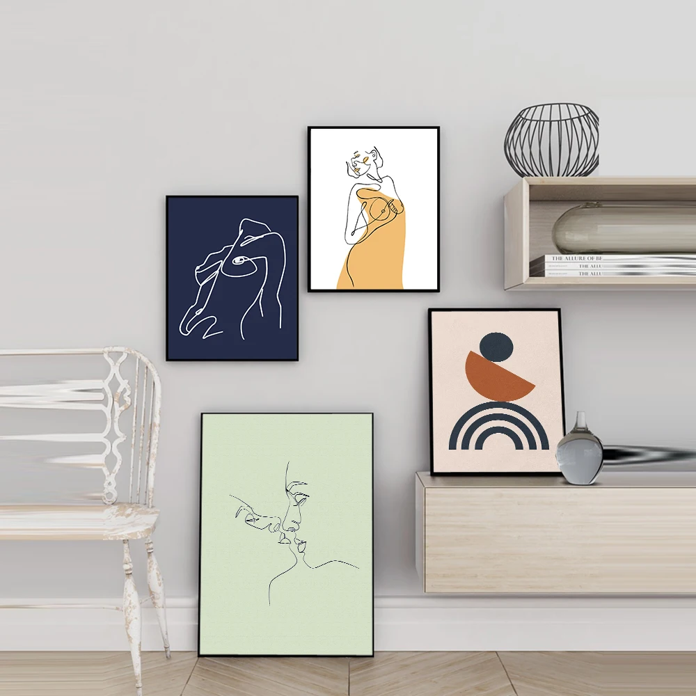 

Customized Abstract Line Art Nude Girl Canvas Painting Geometry Poster Wall Art Boho Lady Kiss Living Bedroom Home Decor Picture