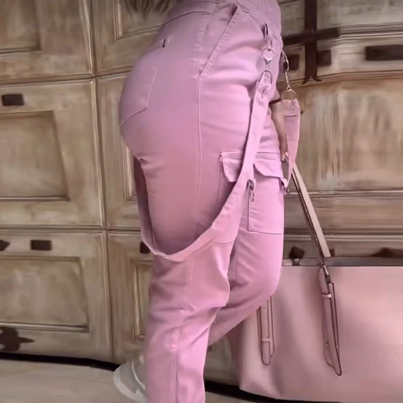 

Брюки-карго женские с эластичным поясом, модные повседневные штаны в стиле панк, винтажные длинные брюки с завышенной талией, уличная одежда, розовые, на лето