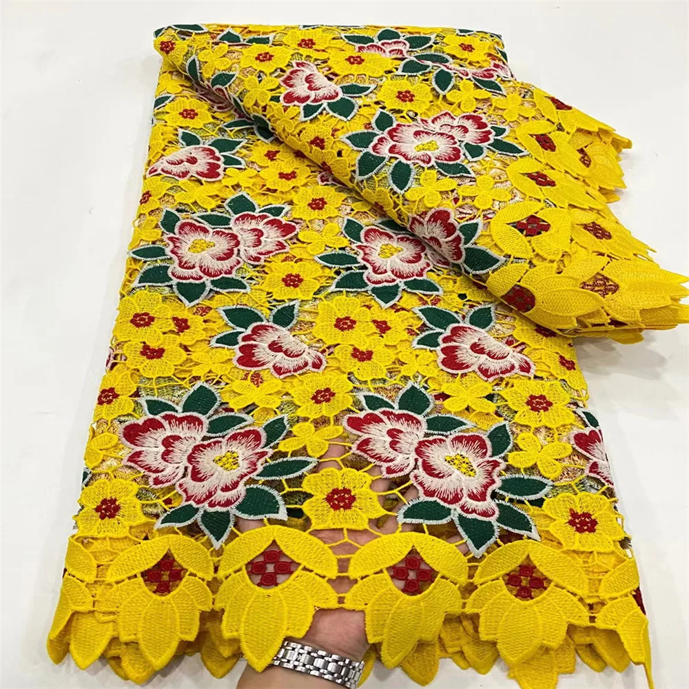 

Handcut Fashion Nigerian Cord Lace Fabric For Wedding Dress Latest Milk Silk Material African Embroidery Guipure Lace 5 Yards