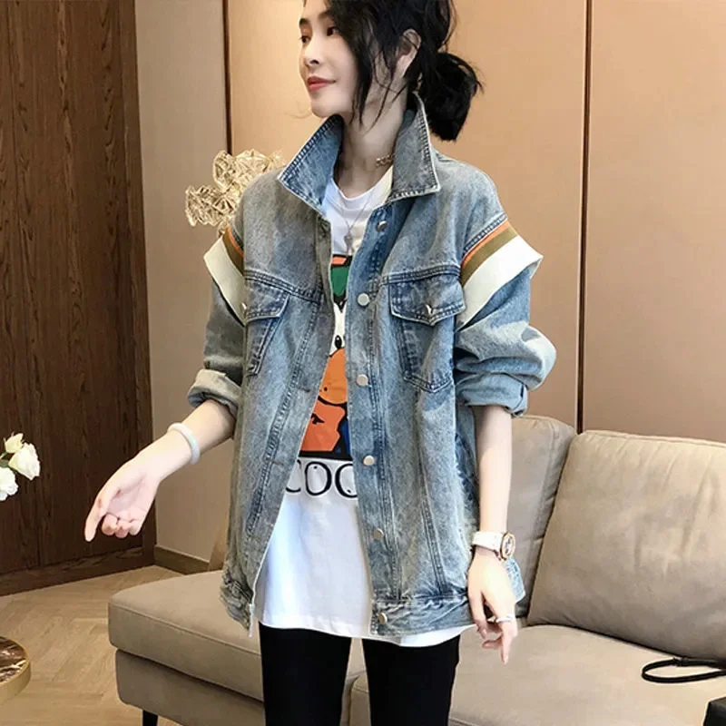 

Blue Denim Jacket Women's Loose BF Lazy Style Korean Coat Heavy Industry Spring Autumn Outwear 2022New Cowboy Jackets Female Top