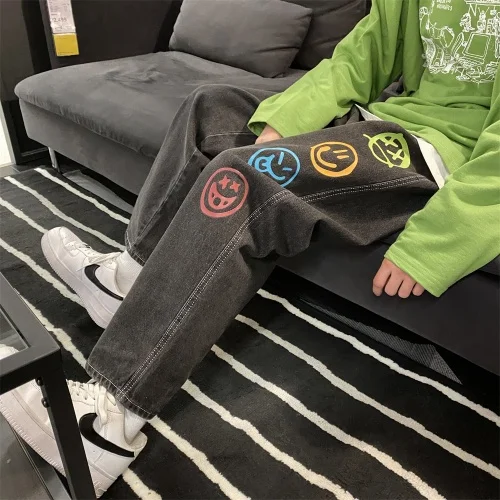 Men Smile Printed Graphic Baggy Jeans 2022 Spring Autumn Mens Streetwear Cargo Pants Black Denim Joggers Male Vintage Trousers