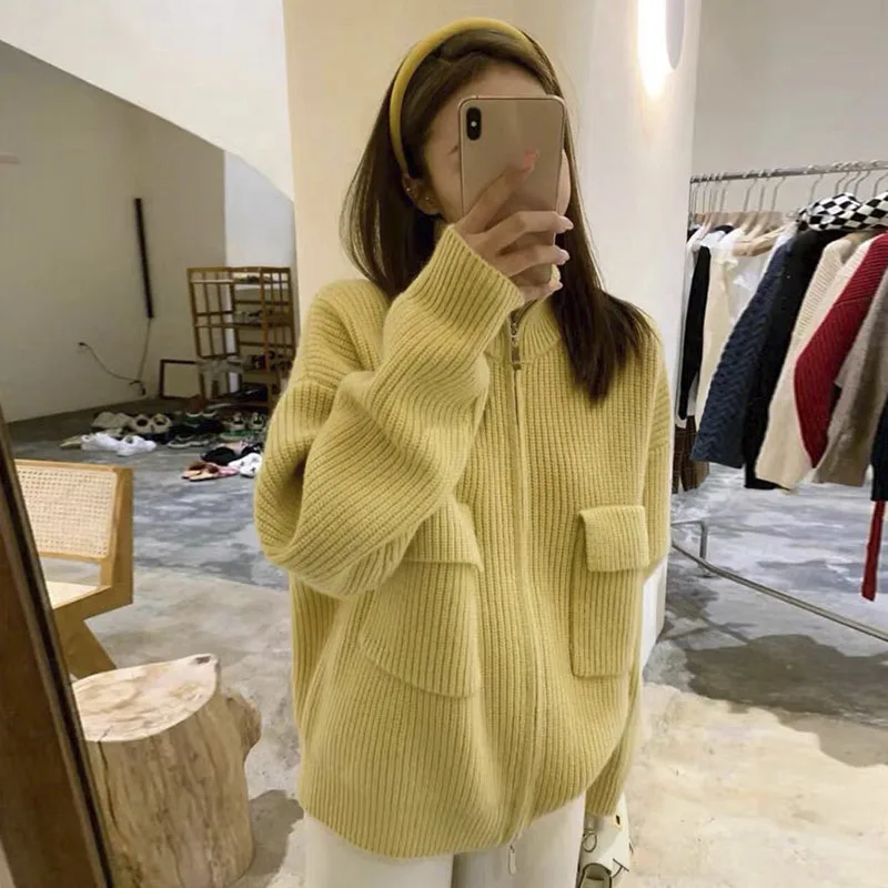 

Turtleneck Vintage Solid Color Women Knitwear Baggy Long Sleeve Warm Zipper Large Pockets Design Sweater Lady Knit Cardigan Coat