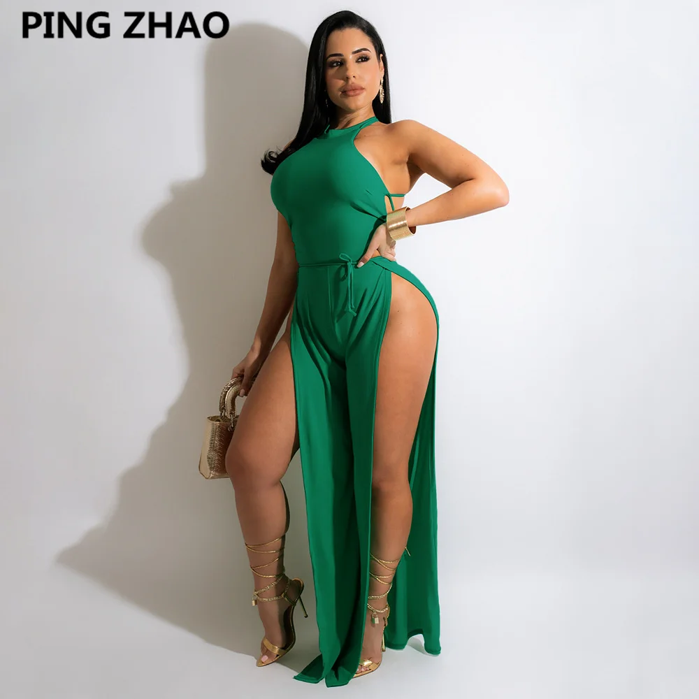 

PING ZHAO Women High Split Wide Leg High Waist Halter Neck Backless Sleeveless Sexy Night Party Straight Jumpsuit