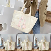 2022 new pink flower printed canvas shopping bag women shoulder bag harajuku tote bag casual shopper bag ladies reusable handbag