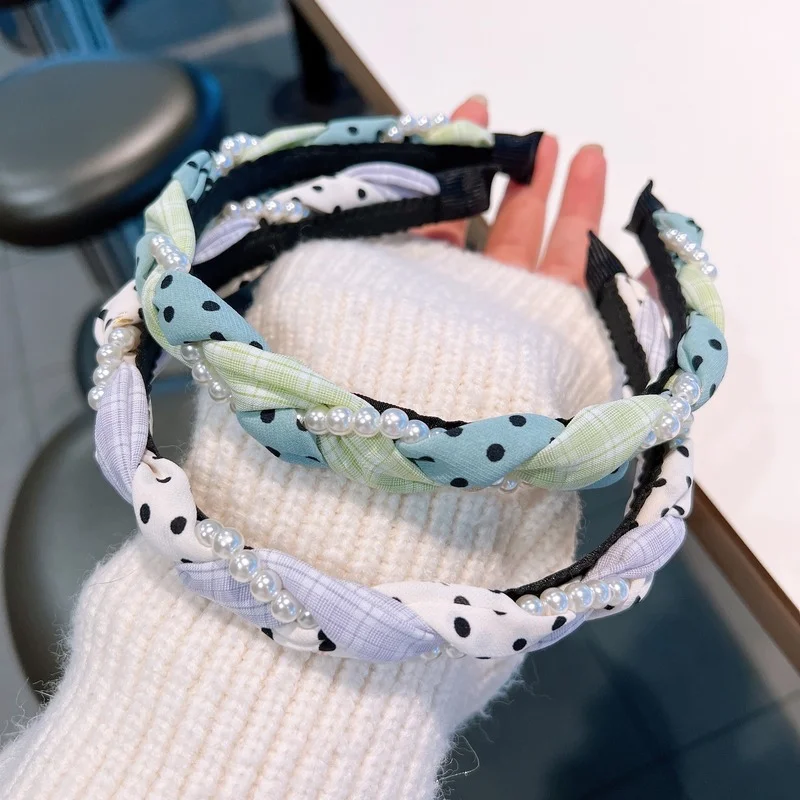 

New Women Fabric Headband Ladies Fashion Pearl Hairbands Plaid Hair Hoop Cross Headband Turband Hair Accessories For Girls Gifts